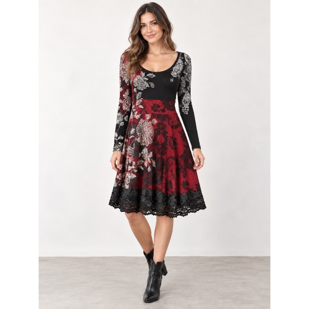 Desigual Red Black Floral Paisley Lace Trim Long Sleeve Fit Flare Dress Whimsy M